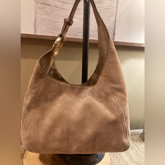 Michael Kors Fulton Suede Tan Leather Slouchy Bold Gold Logo Hobo Shoulder Bag - Picture 6 of 12